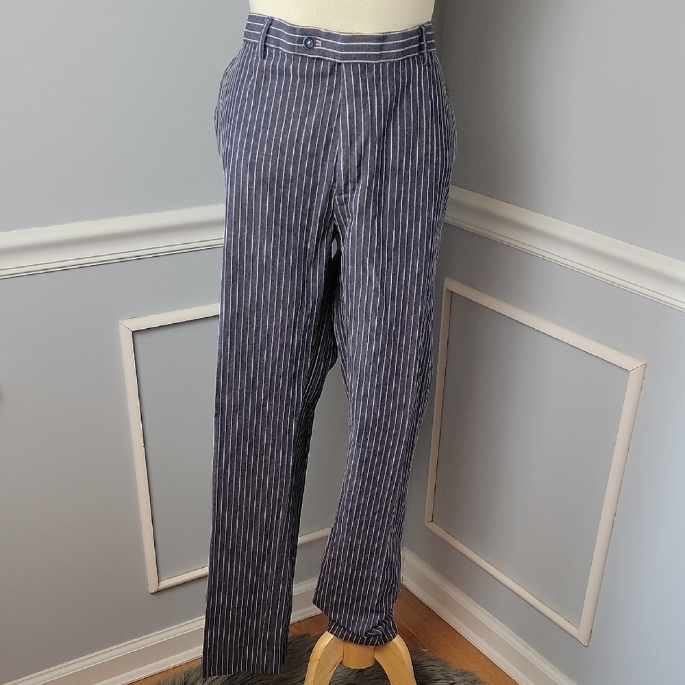 PAISLEY & GRAY Slim Fit Navy Blue Pink Pinstripe Linen Blend Office‎ Dress Pants
